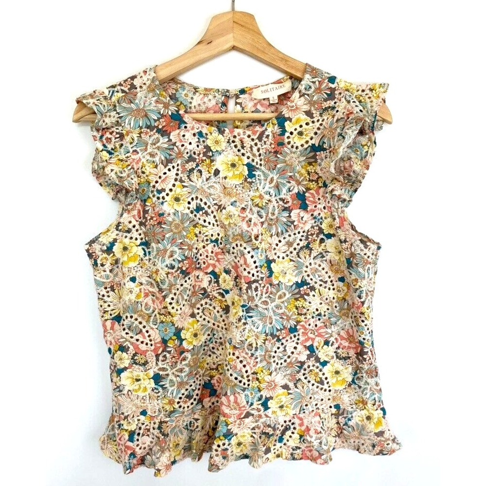 Solitaire Top S Floral Eyelet Embroidered Peplum Sleeveless Ruffles Sweet Boho